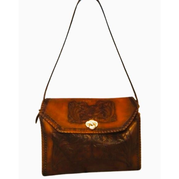 Vintage BOHO Handcrafted Stitched Tooled Leather Saddlebag Purse Floral Design - Picture 3 of 10